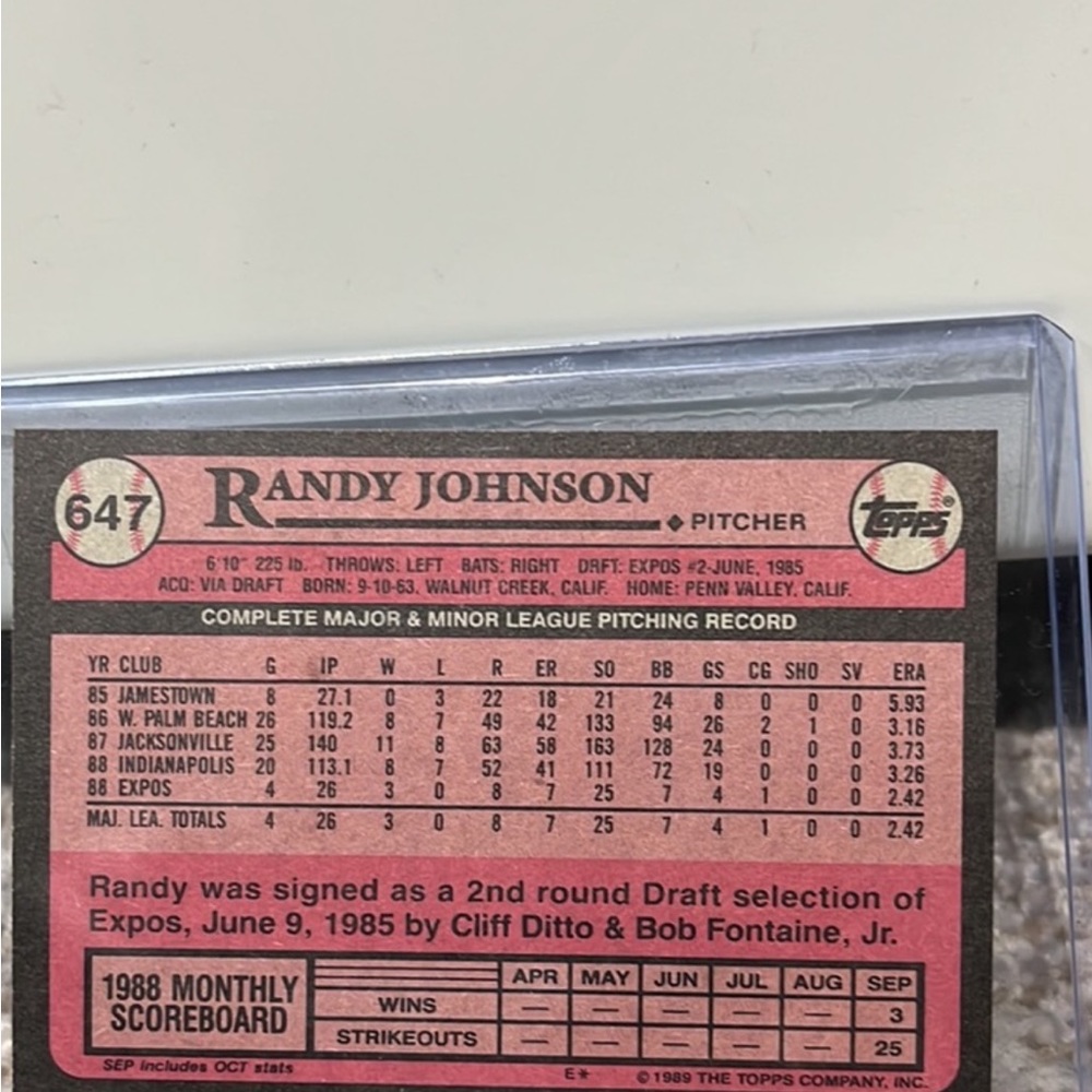 1989 Randy Johnson Rookie Topps - Picture 2 of 2
